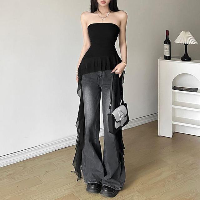 Plain Ruffle Asymmetrical Ruched Tube Top Product Image