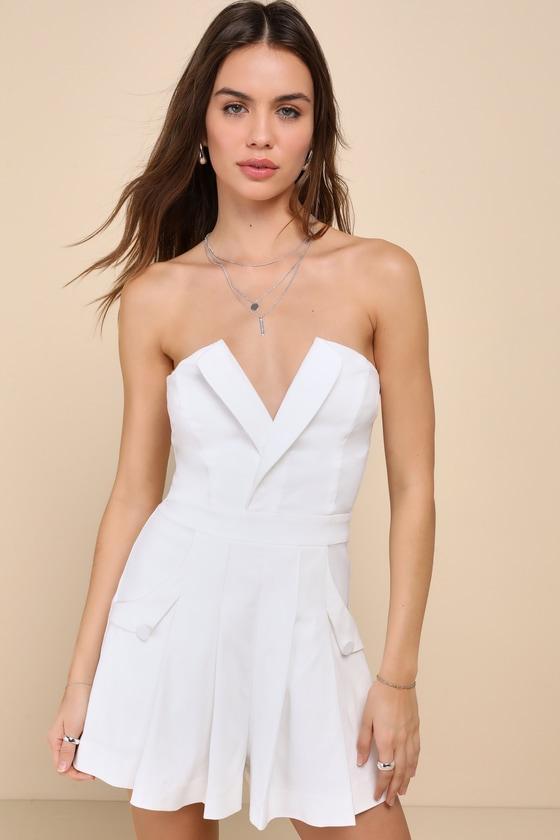 Unique Charisma White Pleated Strapless Notch Neck Romper Product Image