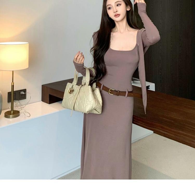 Set: Spaghetti Strap Scoop Neck Plain Knit Maxi A-Line Dress + Plain Cardigan Product Image