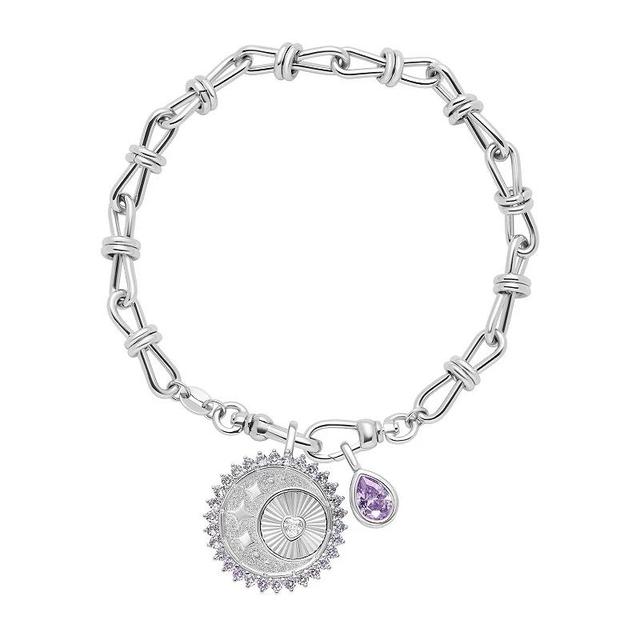 Brilliance Silver Tone Cubic Zirconia Polished Heart Star Coin & Lavender Cubic Zirconia Teardrop Charm on Knot Link Chain Bracelet, Womens Silver Tone Purple Product Image