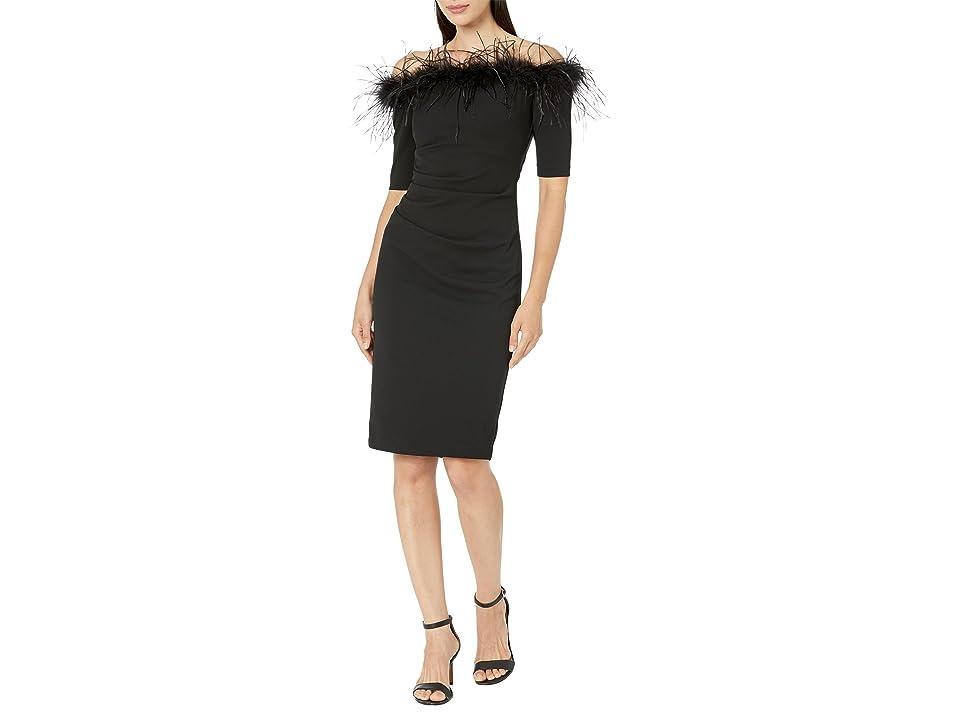 Xscape Evenings Feather Trim Off the Shoulder Scuba Sheath Dress Product Image