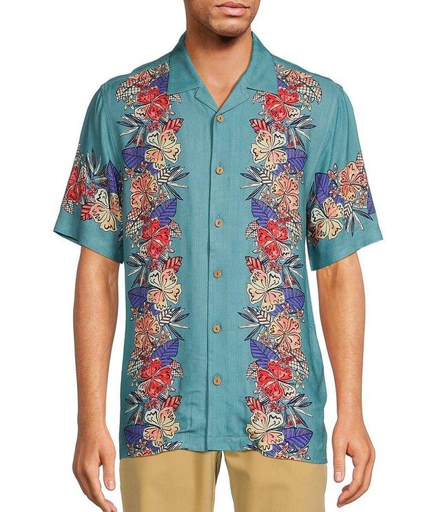 Caribbean Printed Rayon Floral Panel Short Sleeve Woven Camp Shirt Product Image