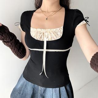 Short Sleeve / Long Sleeve Mock Two Piece Lace-Panel Tie-Front Crop Top Product Image