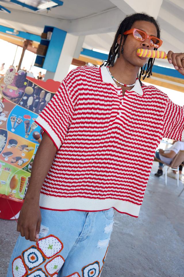 Oversized Boxy Stripe Open Stitch Polo | boohooMAN USA Product Image