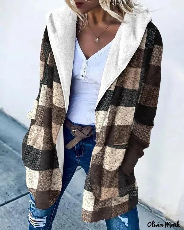 Olivia Mark – Plaid Print Long Sleeve Teddy Lined Hooded Coat Product Image