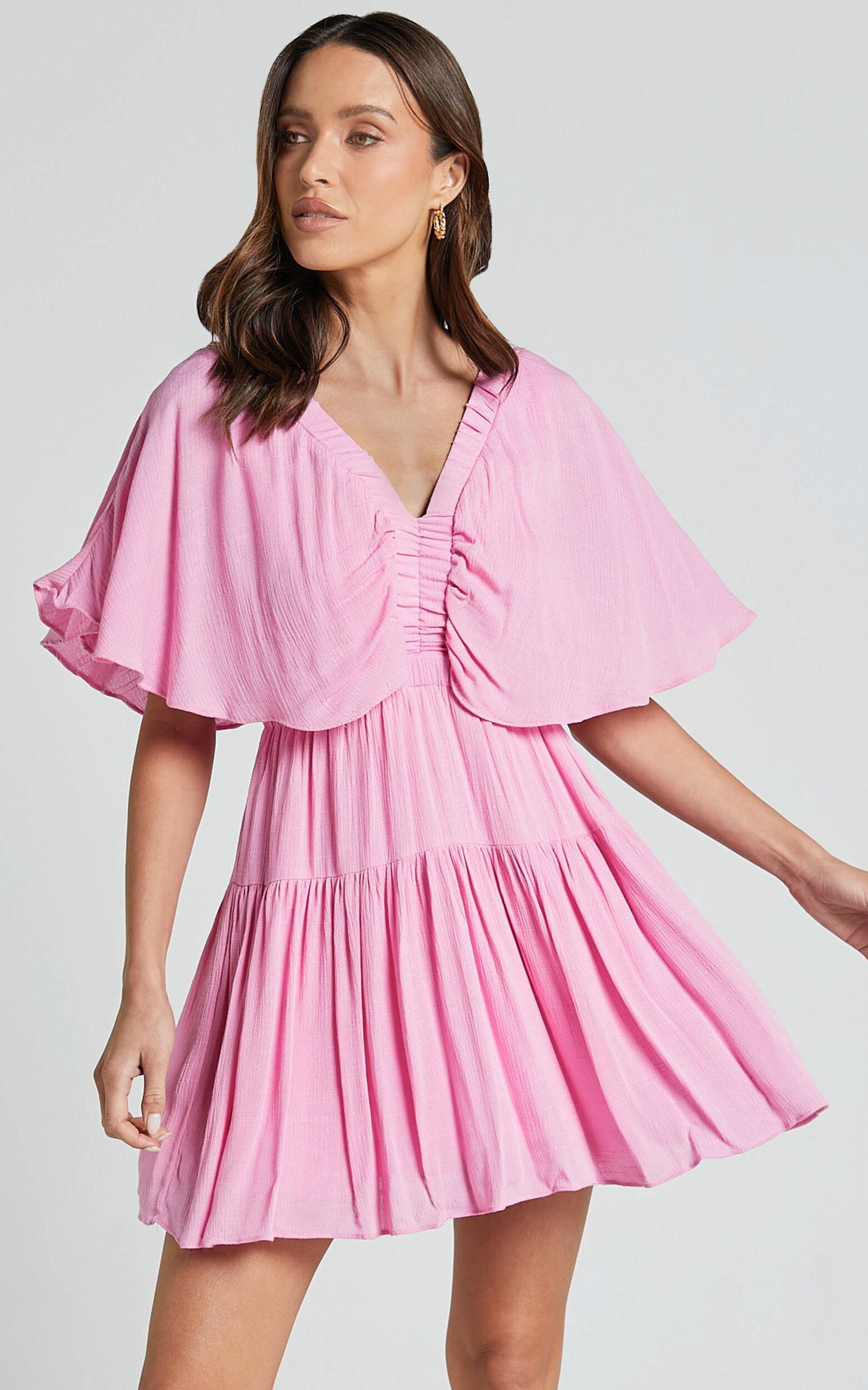 Heidi Mini Dress - Ruffle sleeve Tiered Dress in Pink Product Image