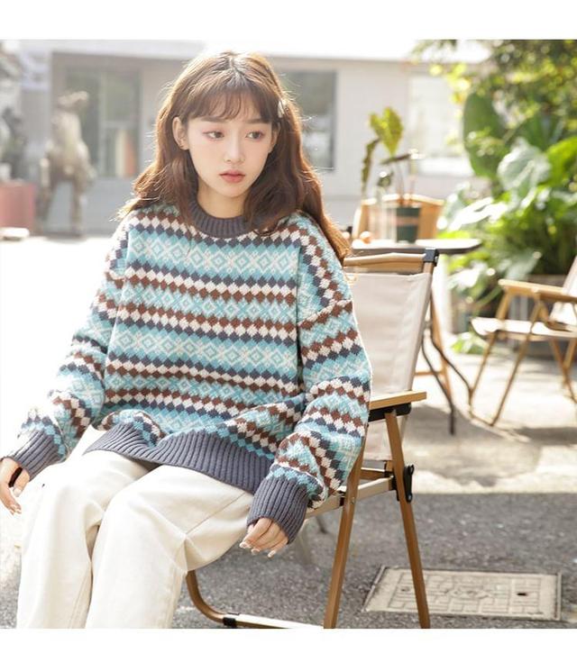 Round Neck Drop Shoulder Striped Oversized  Sweater Product Image