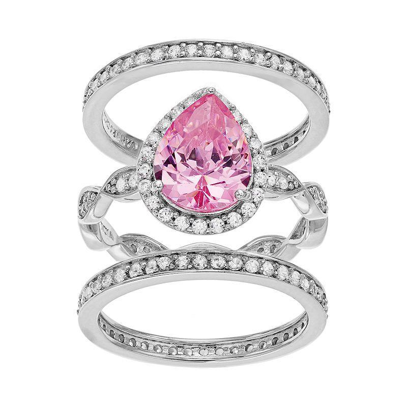 Sophie Miller Sterling Silver Cubic Zirconia Teardrop Ring Set, Womens Pink Product Image