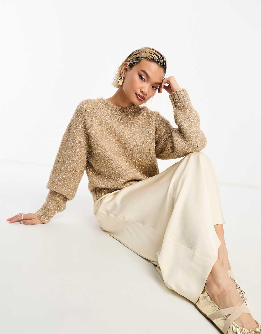 & Other Stories alpaca and wool blend sweater in beige with golden metallic thread  product image