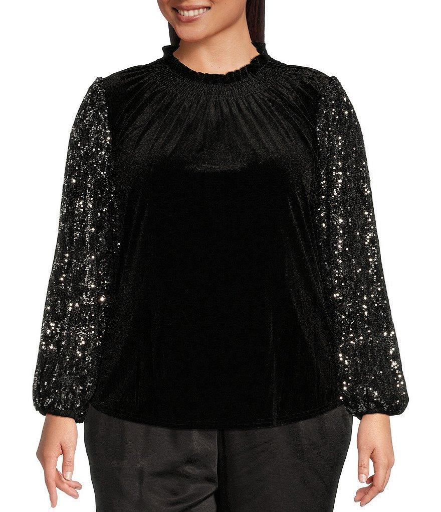 Sugarlips Plus Sequin Leopard Long Sleeve Velvet Top Product Image