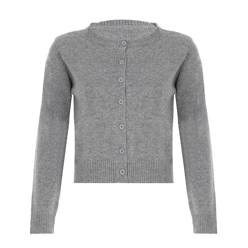 Crew Neck Plain Button-Up Crop Cardigan Product Image