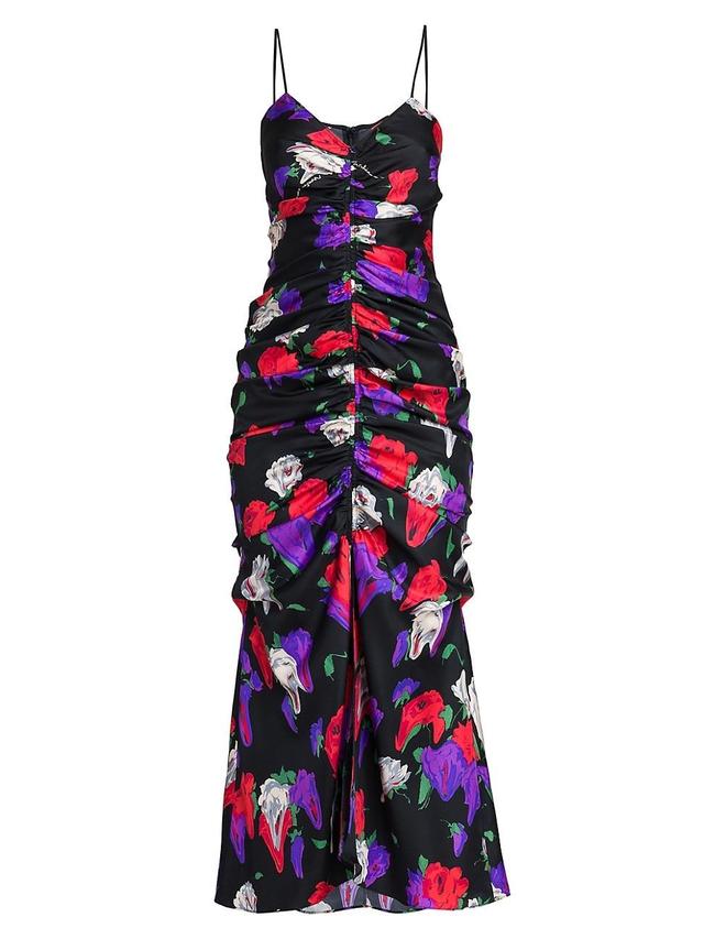 Womens Ruched Floral Silk Midi-Dress Product Image