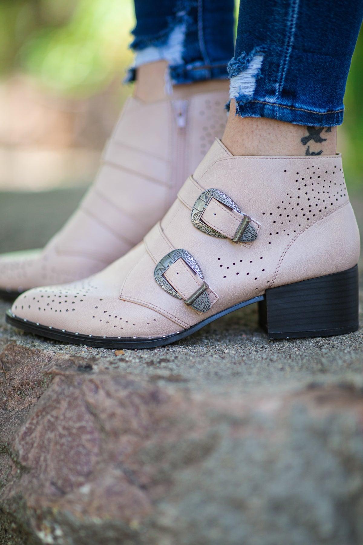 Beige Perforated Detail Booties With Buckles product image