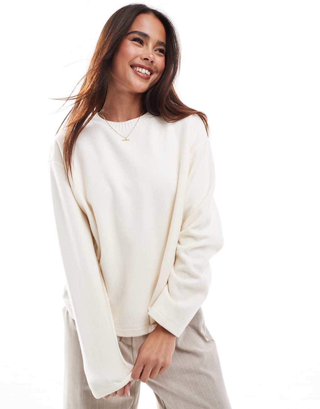 Stradivarius brushed round neck long sleeve top in ecru Product Image