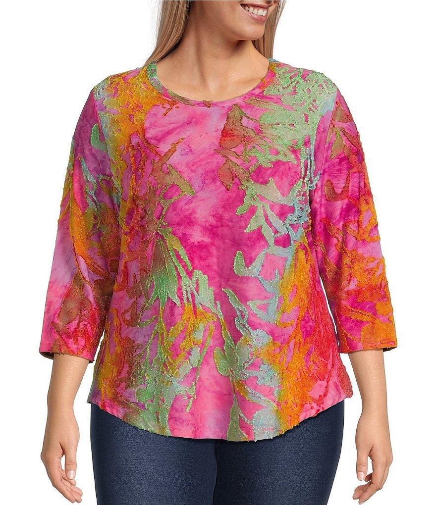 Calessa Plus Size Burnout Tie Dyed Print Crew Neck 3/4 Sleeve Blouse Product Image