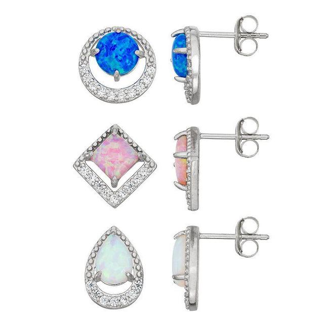 Sterling Silver Lab-Created Opal & Cubic Zirconia Earring Set, Womens, Blue Product Image