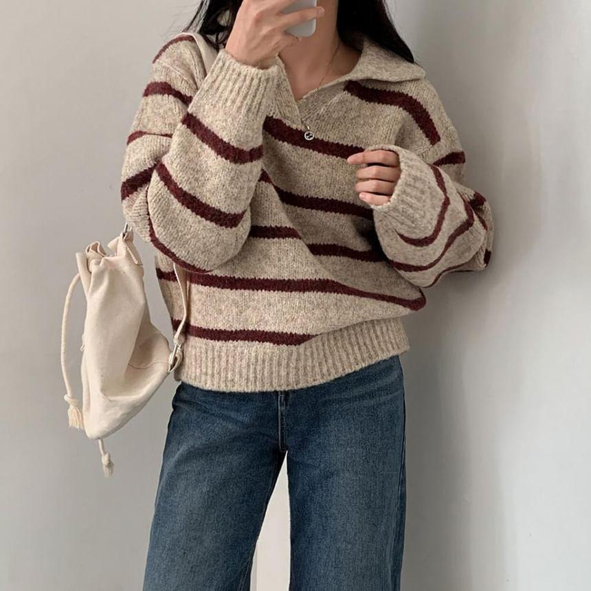 Long-Sleeve V-Neck Striped Collared Sweater Product Image