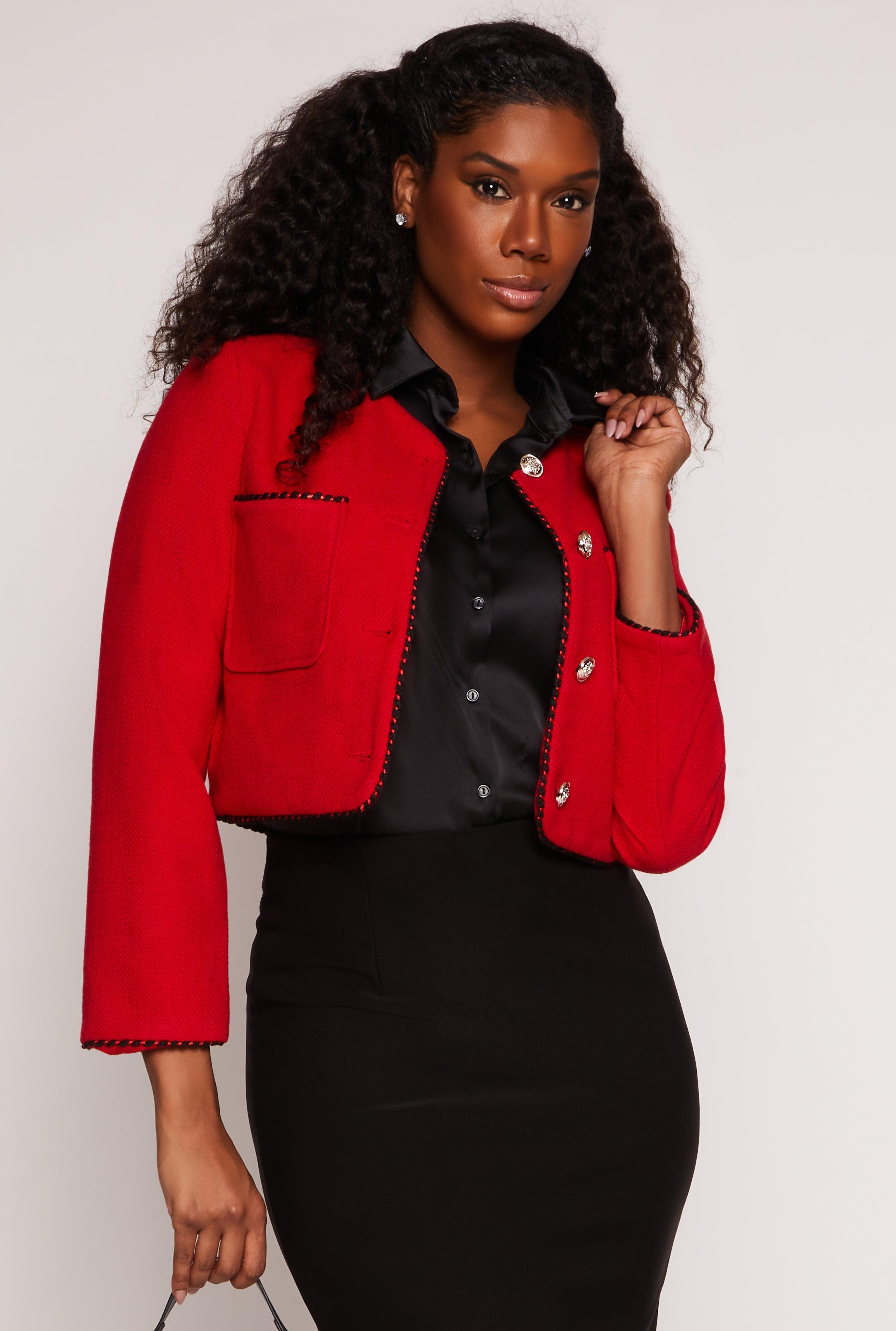 Womens Tweed Contrast Stitch Button Front Blazer Product Image