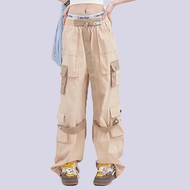 Elastic Waist Two Tone Wide Leg Cargo Pants Product Image