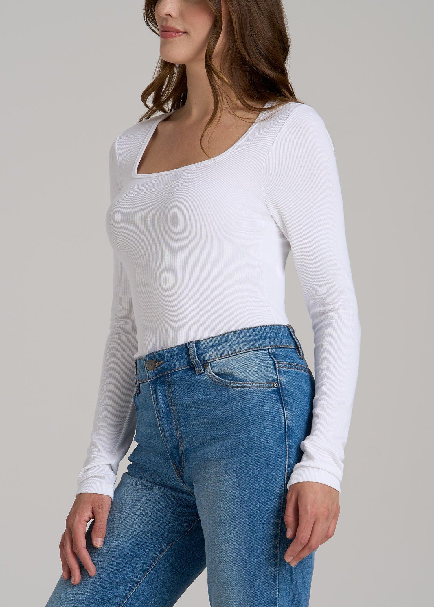 Long Sleeve Ribbed Squareneck Top for Tall Women in Bright White Female Product Image