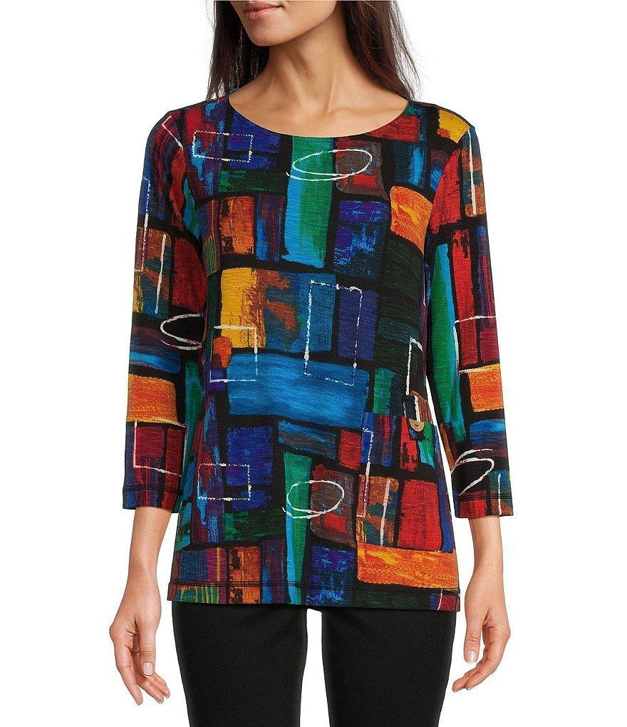 Ali Miles Printed Stretch Crew Neck 3/4 Sleeve Tunic Top Product Image