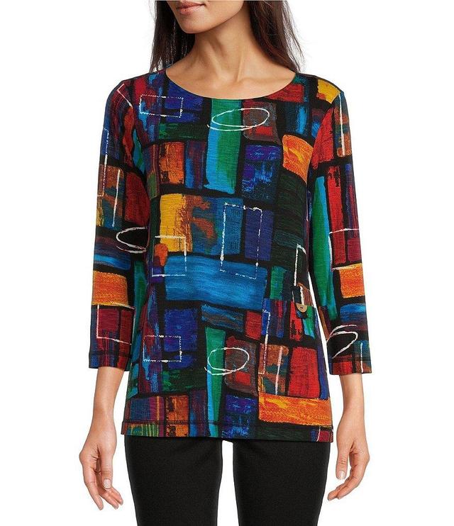 Ali Miles Printed Stretch Crew Neck 3/4 Sleeve Tunic Top Product Image