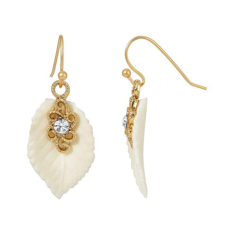 1928 Gold Tone Porcelain Leaf Earrings with Crystal Accents, Womens, White Product Image