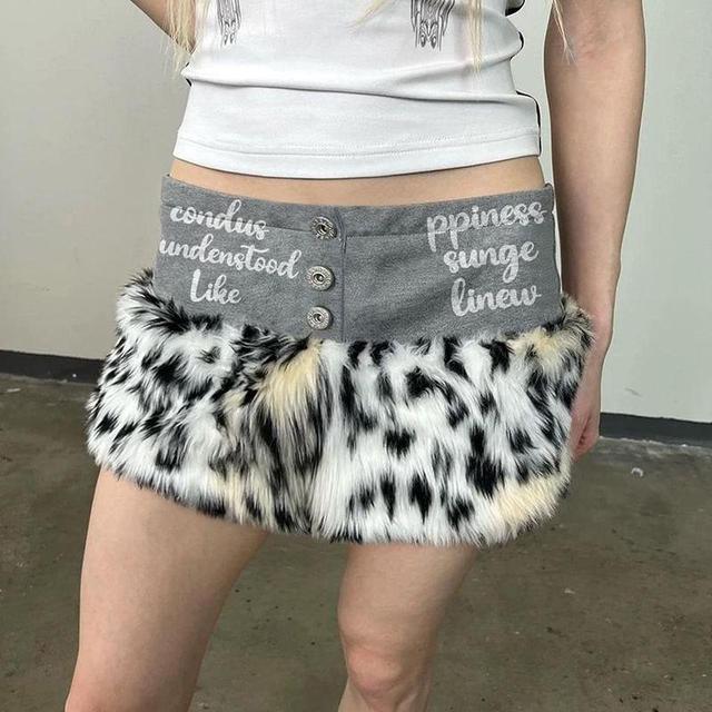 High Waist Lettering Animal Print Faux Fur Mini Skirt Product Image