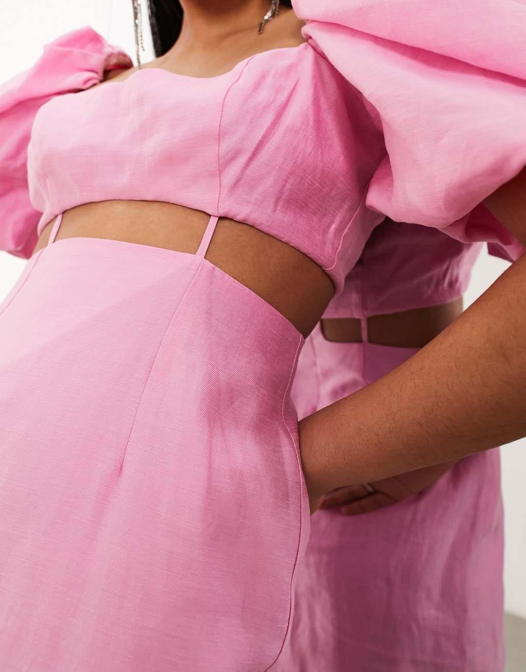 ASOS EDITION washed puff sleeve midaxi dress with cut out waist detail in pink Product Image