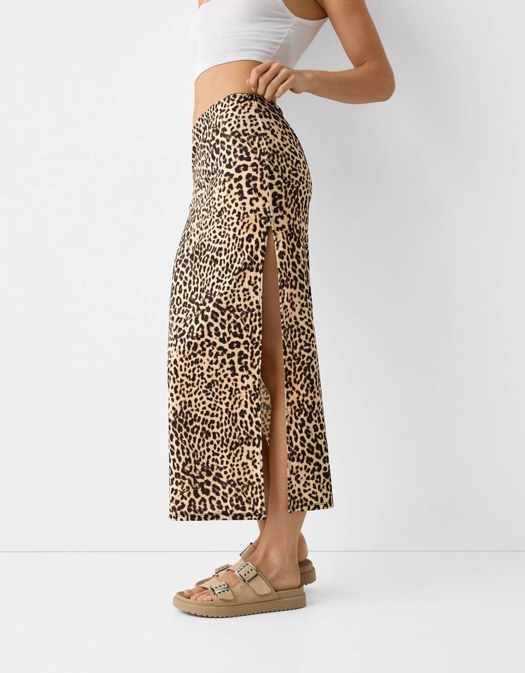 Bershka polyamide maxi skirt in leopard print Product Image