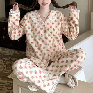 Pajama Set: Long Sleeve Collared Floral Print Button Panel Lace Top + High Waist Straight Leg Pants Product Image