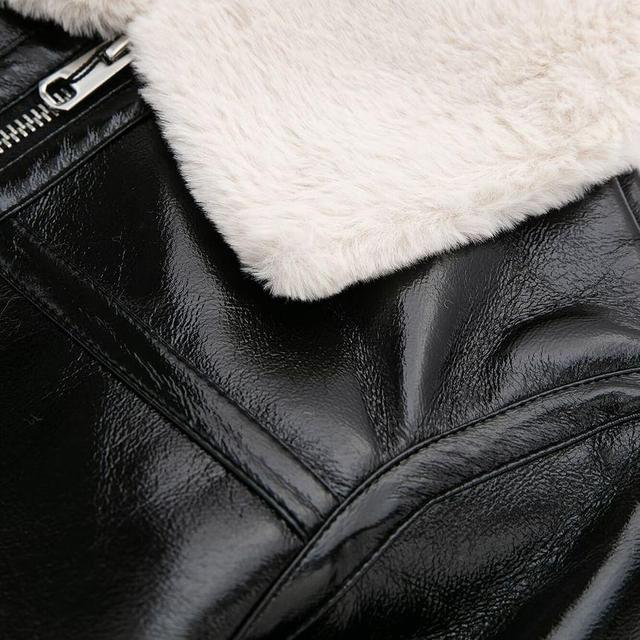 Fleece Collared Faux Leather Zip Jacket Product Image