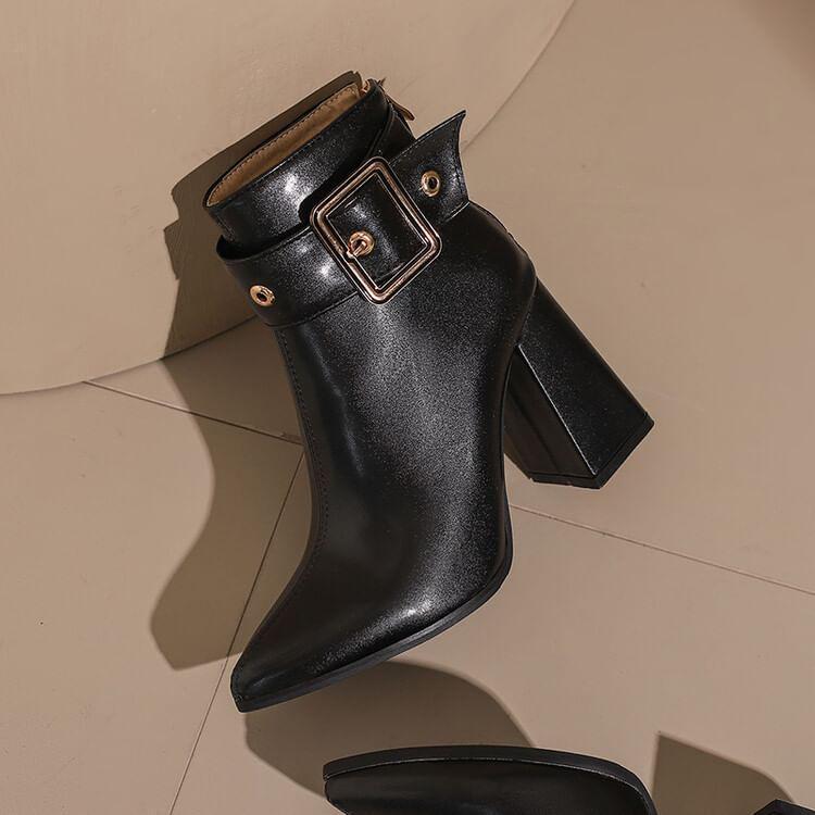 Block Heel Pointed buckled Short Boots Product Image