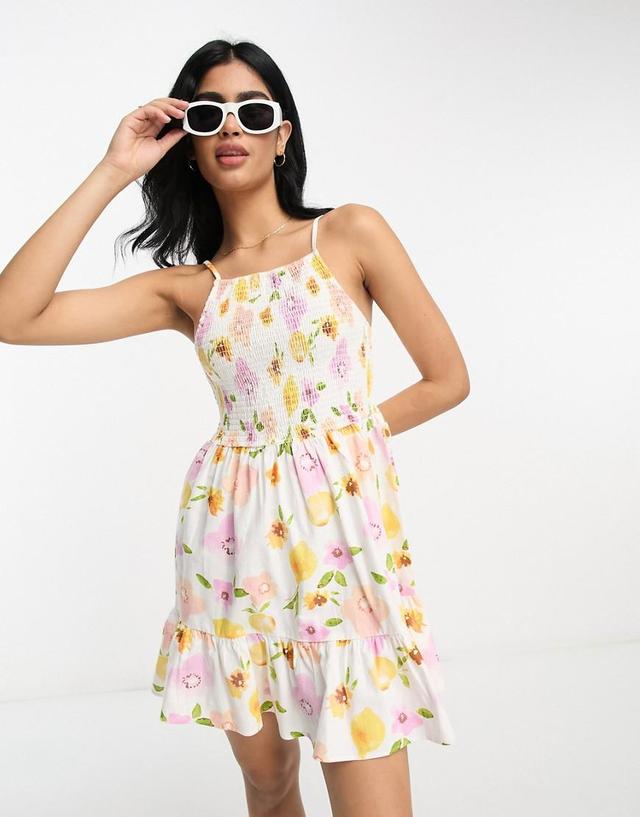 ASOS DESIGN square neck shirred mini sundress in floral fruit print Product Image