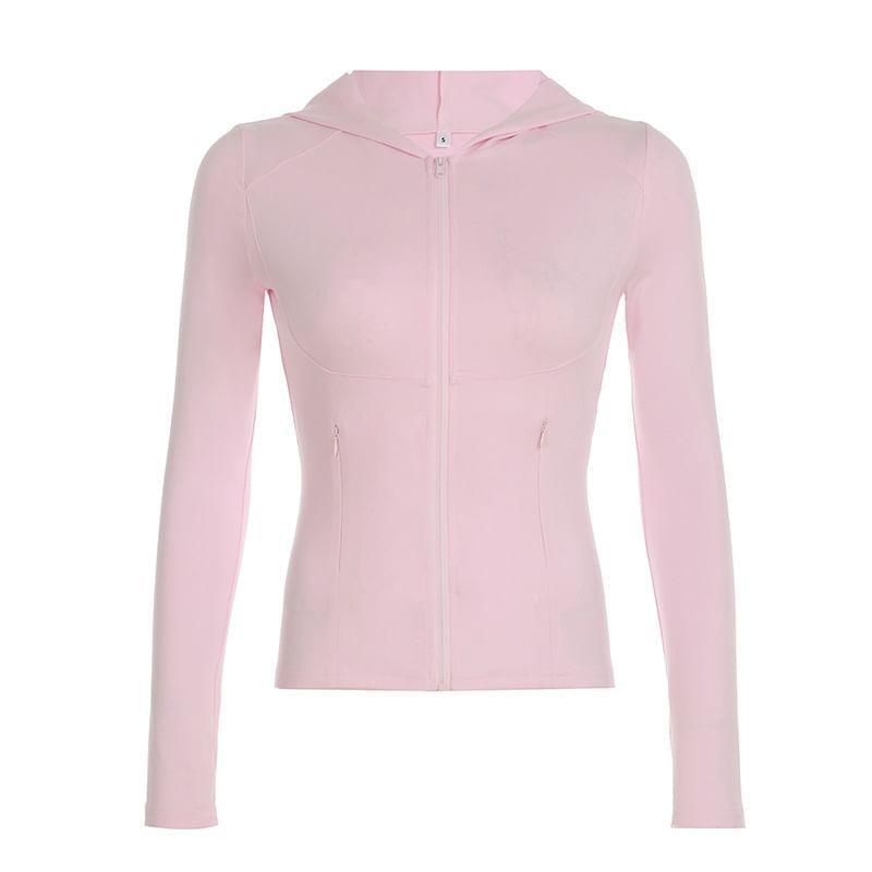 Plain Hooded Crop Zip Slim Fit Jacket Product Image