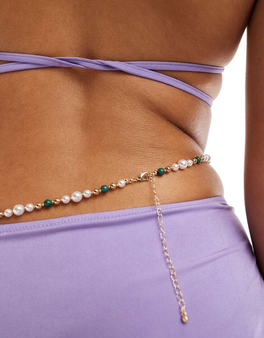 ASOS DESIGN belly chain with faux pearl and malachite style beads Product Image