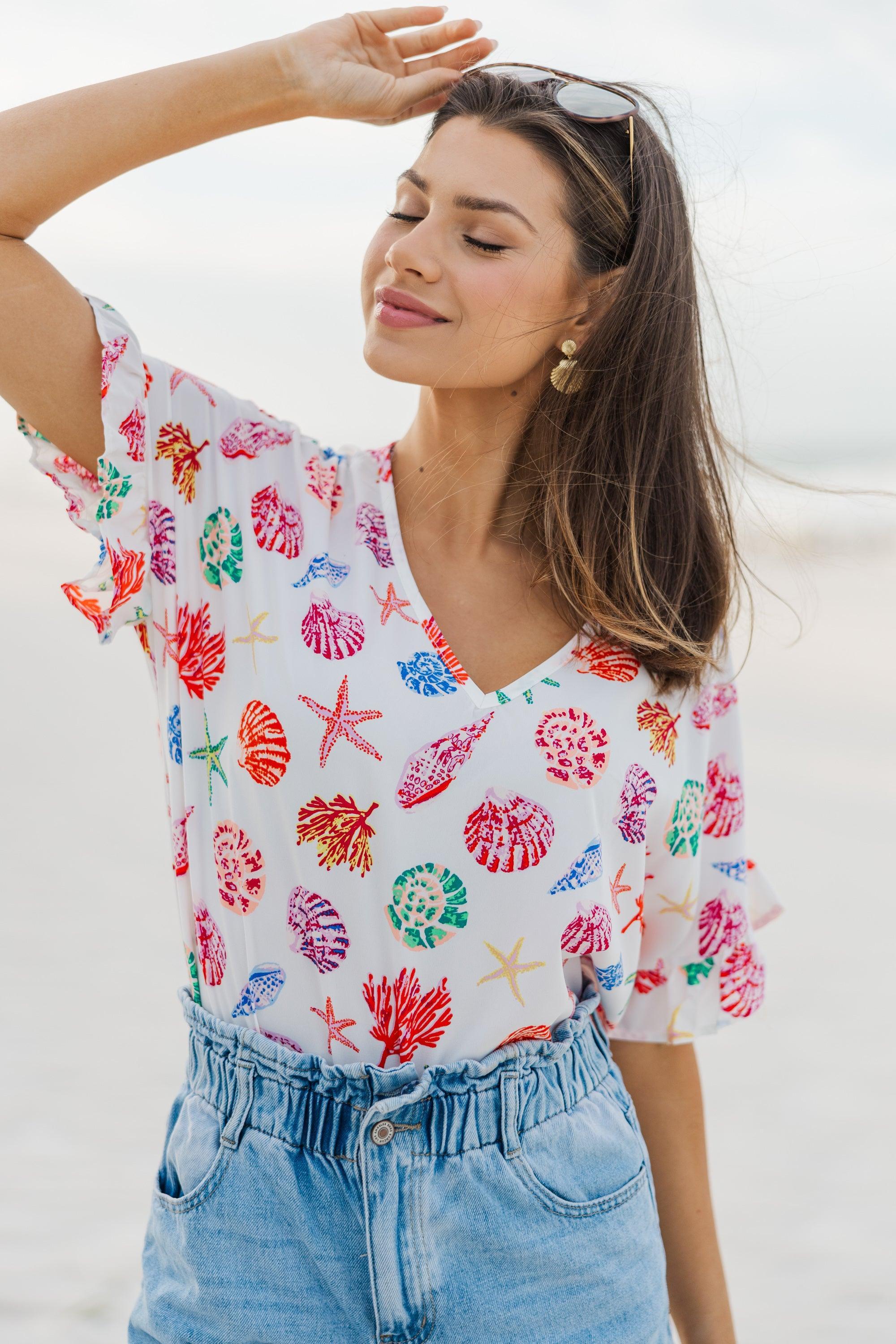 Down By The Sea Ivory White Printed Top Female Product Image