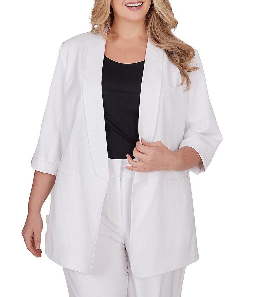 Ruby Rd. Plus Size Shawl Lapel Collar 3/4 Roll-Tab Sleeve Open-Front Blazer Jacket Product Image