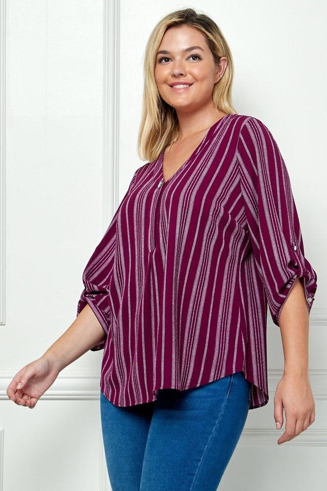 Plum & Cream 3/4 Button Tab Sleeve V Neck Popover - Plus Product Image