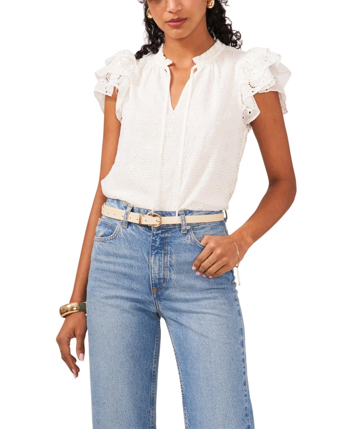 Women's Tie Neck Short Flutter Sleeve Blouse Product Image