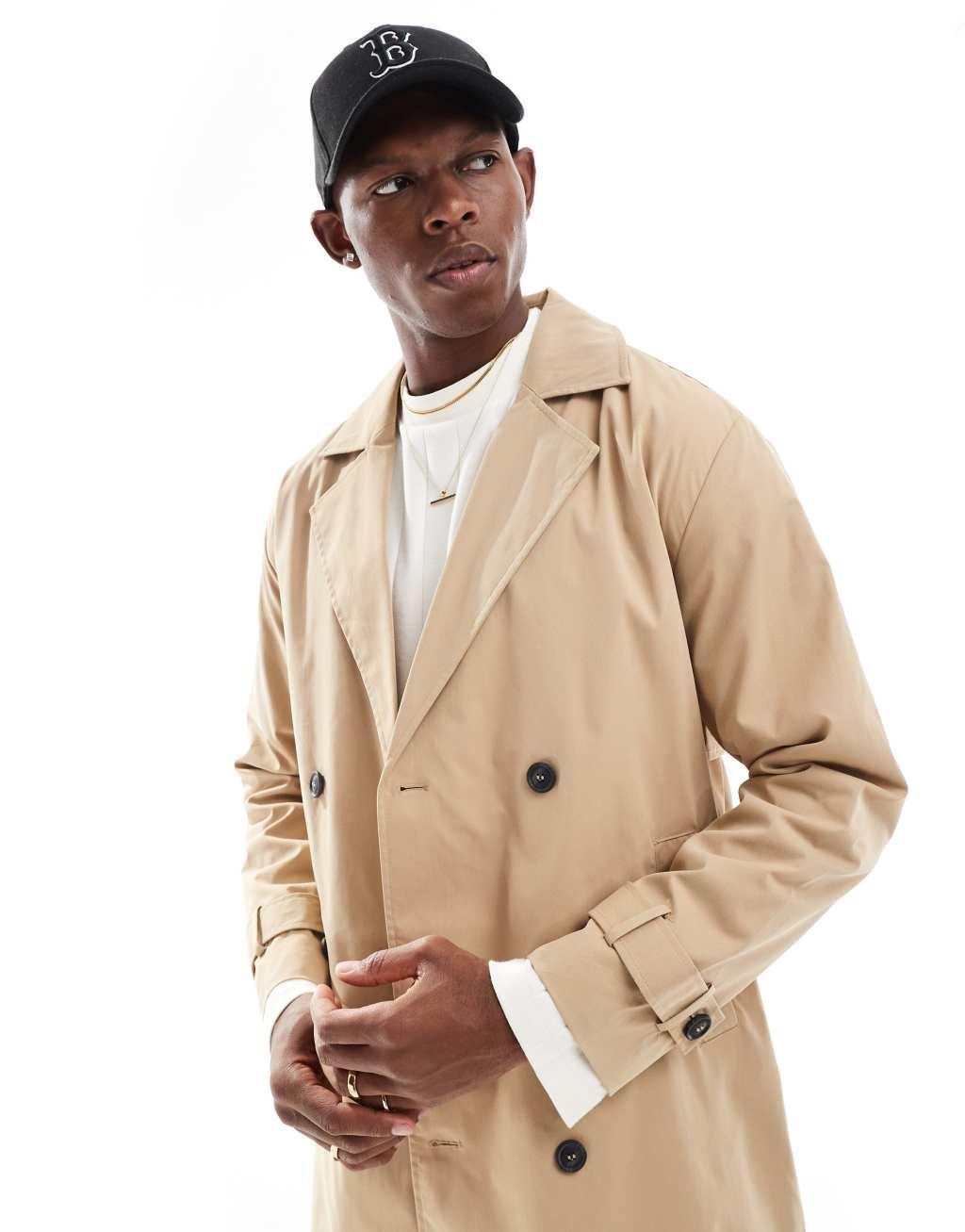 ONLY & SONS drop shoulder trench coat on beige Product Image