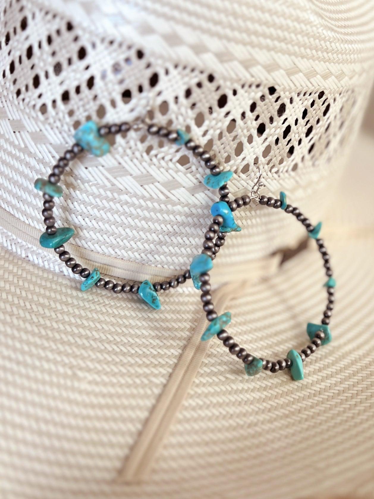 Handmade Turquoise Chip Stone Hoop Earrings Product Image