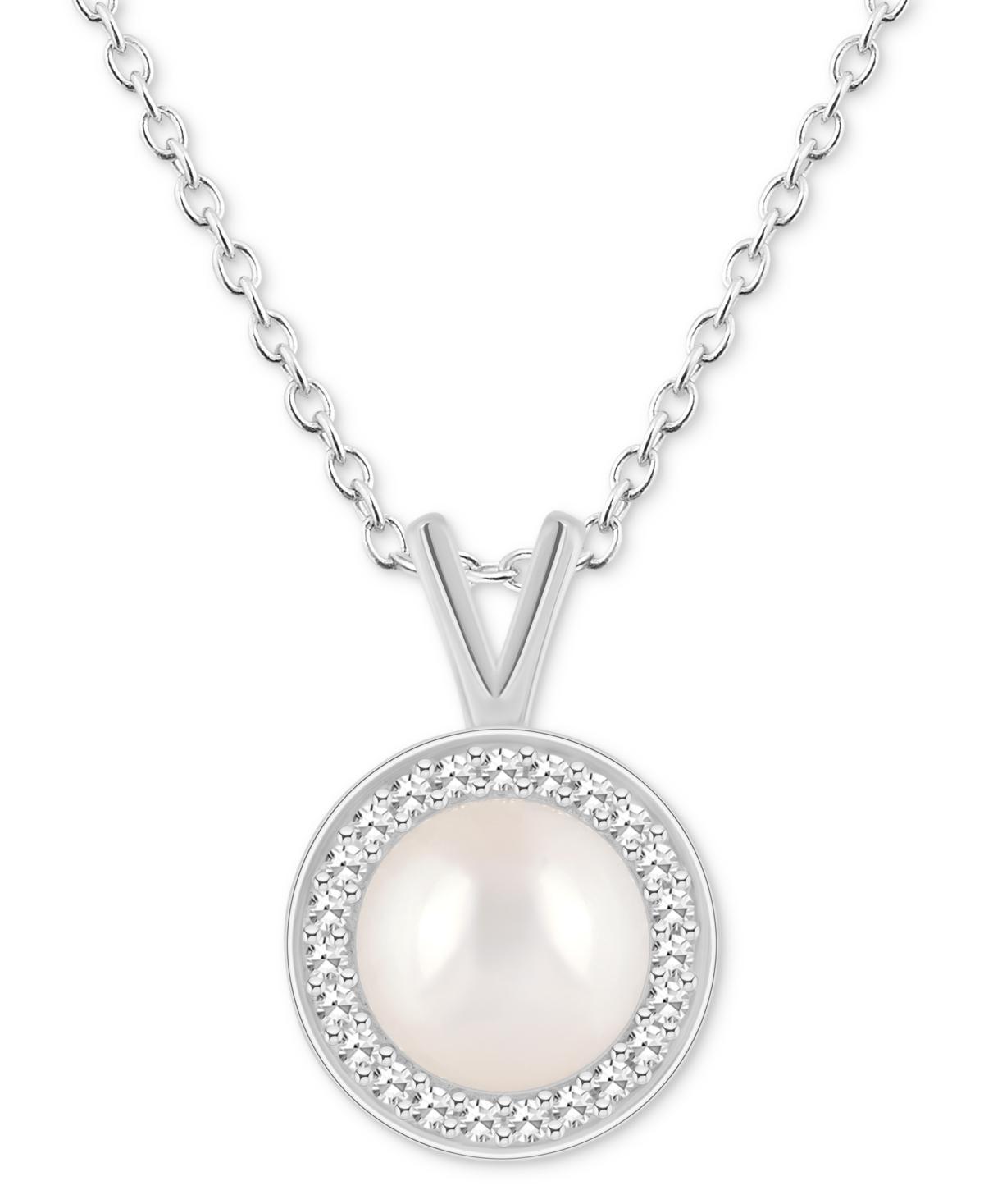 Cultured Freshwater Pearl & Diamond (1/8 ct. t.w.) Halo Pendant Necklace in Sterling Silver (Also in Onyx & Labradorite) - Turquoise Product Image