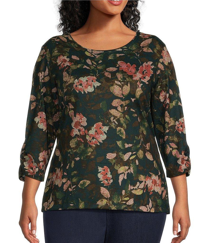 Allison Daley Plus Size Leaves Print Embellished 3/4 Ruched Sleeve Crew Neck Abstract Tee Shirt Product Image