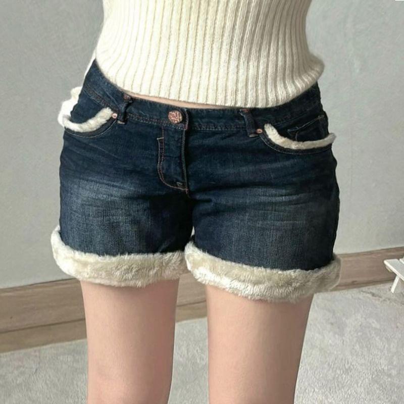 Low Rise Fleece Trim Denim Hot Pants Product Image