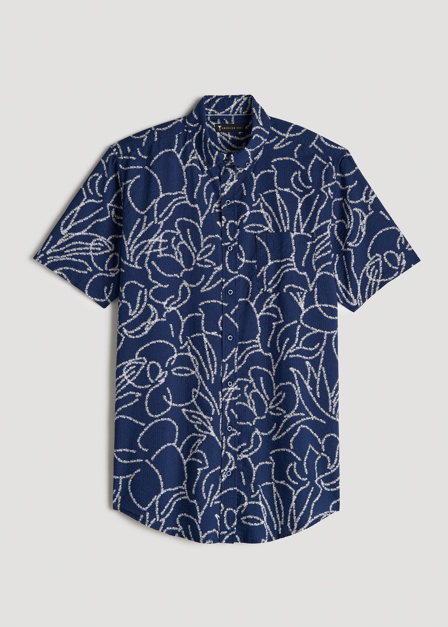 Seersucker Tall Men's Short Sleeve Shirt in Navy Botanist Print Product Image