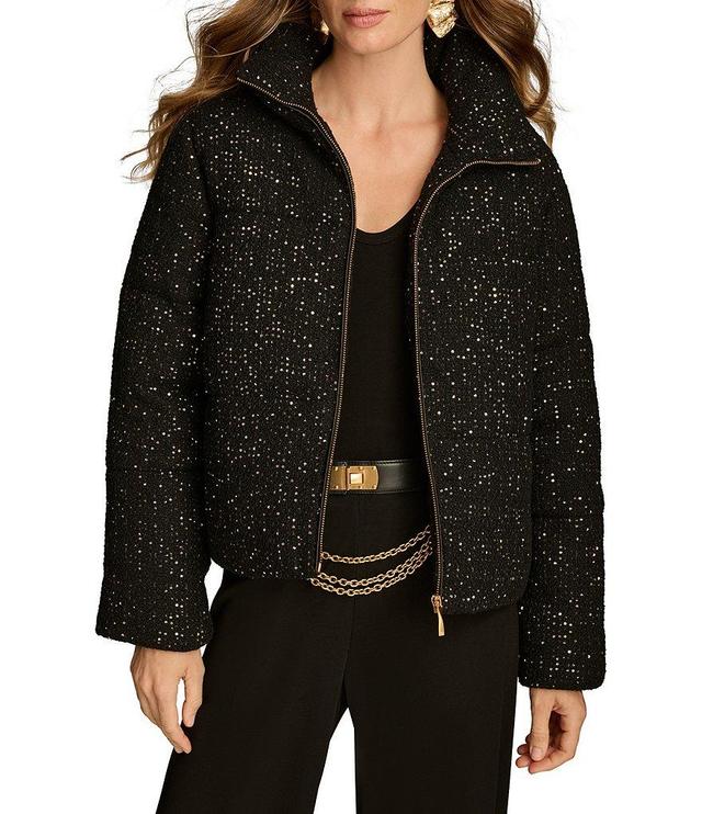 Donna Karan Sequin Tweed Stand Collar Gold Zip Jacket Product Image