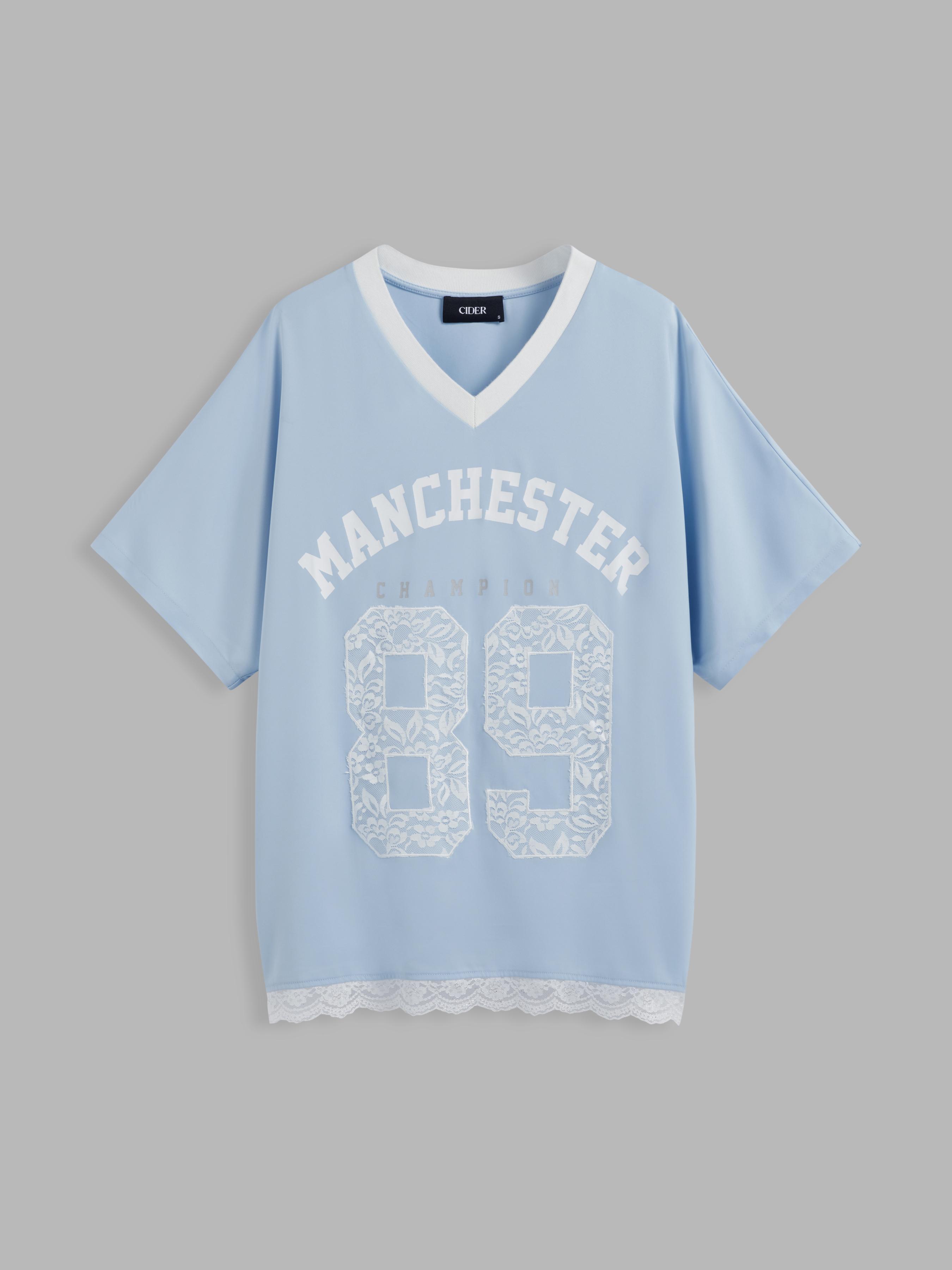 89 Satin V-neck Manchester Champion Graphic Lace Trim Oversized Tee Product Image