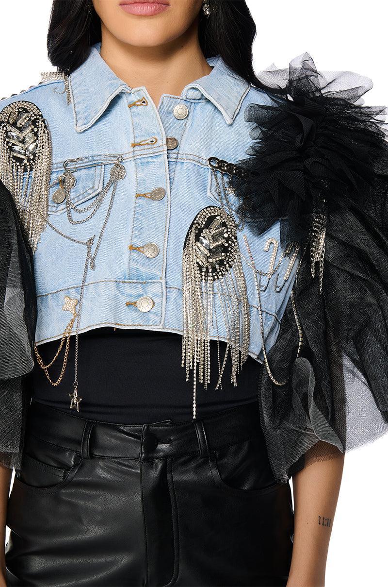 BEBE LUXE EMBELLISHED DENIM AND TULLE CROP VEST Product Image