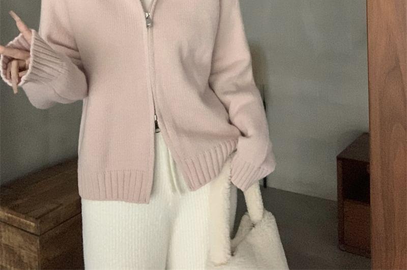 Fluffy Hooded Plain Zip Up Cardigan Product Image